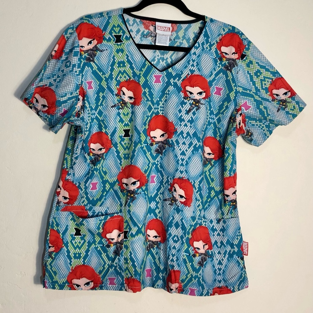 Tooniforms Black Widow Marvel Comics V-Neck Scrub Top L Teal Snakeskin Avenger